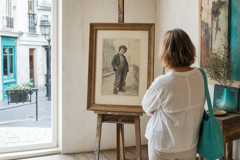 Illustration de poulbot encadrée dans un atelier lumineux de Montmartre.
