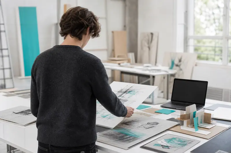 Portfolio d’orientation pour études artistiques préparé sur une table d’atelier.