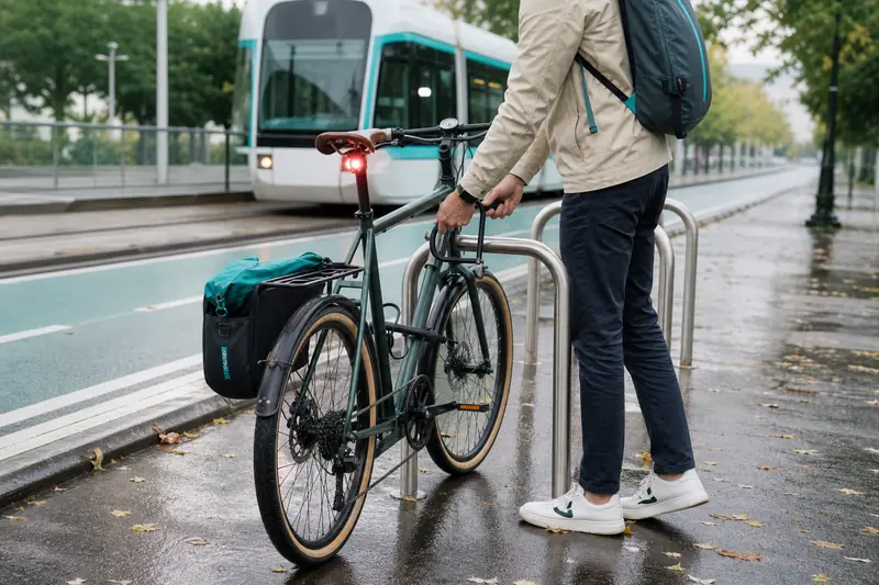 Vélo urbain stationné près d’un tramway pour un trajet multimodal durable