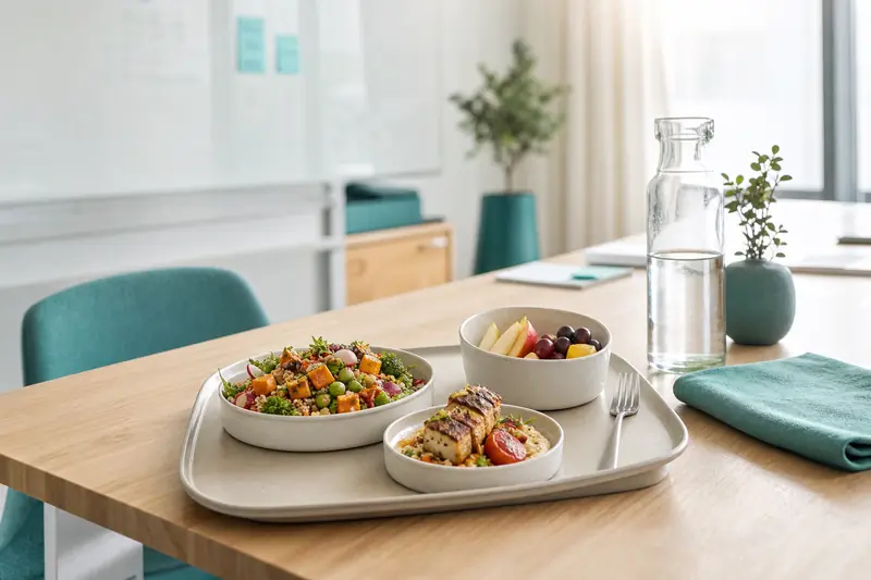 Plateau repas équilibré préparé sur une table de bureau lumineuse