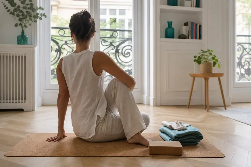Pratique de yoga douce sur tapis dans un appartement lumineux.