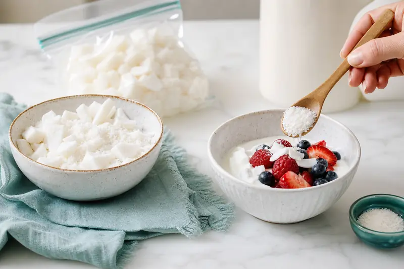 Noix de coco surgelée ajoutée en petite portion dans un yaourt nature