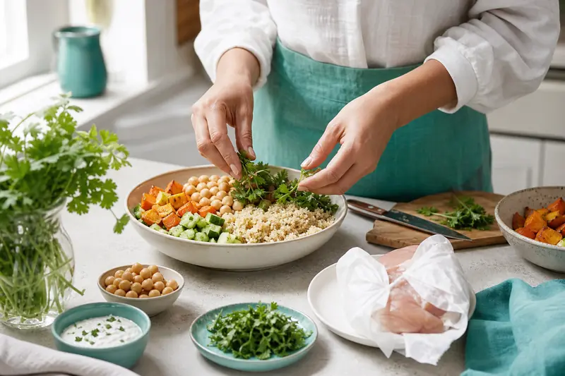 Préparation d’un repas halal équilibré avec légumes, pois chiches et céréales.