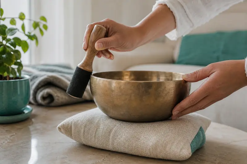 Mains jouant un bol tibétain sur un coussin dans un salon lumineux