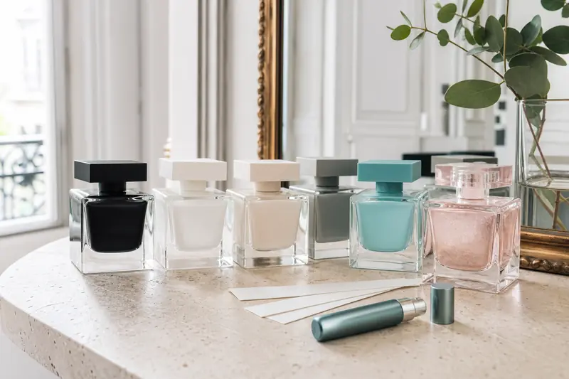 Sélection de parfums Narciso en flacons géométriques sur une coiffeuse lumineuse