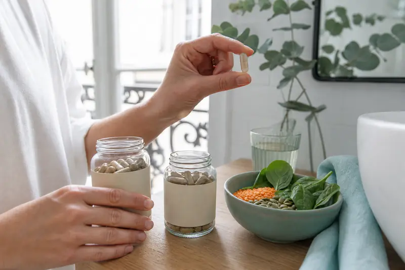 Comparaison de compléments cheveux vegan sur un plan de toilette lumineux.