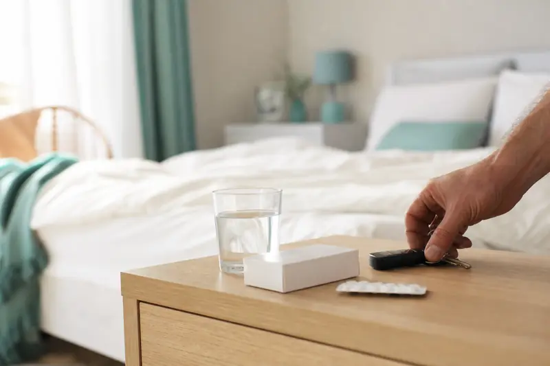 Boîte de médicament et clés posées près d’un verre d’eau, illustrant le Valium.