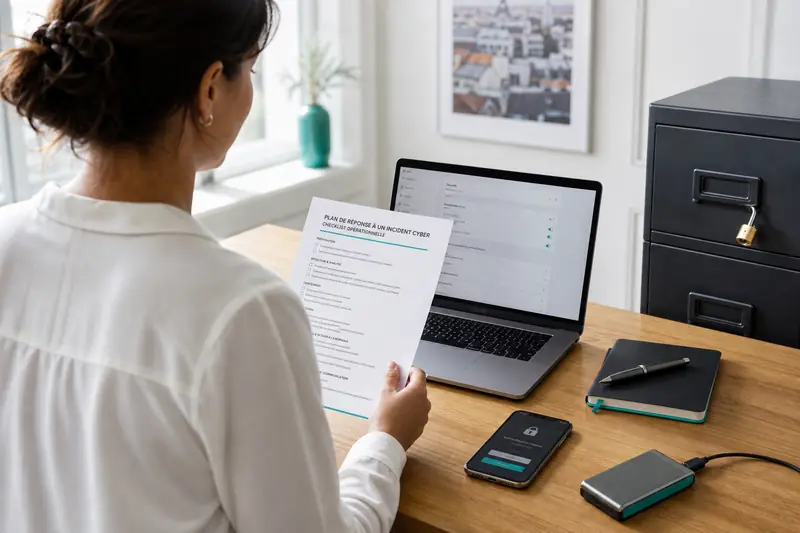 Responsable de PME protégeant les données de son entreprise sur un poste sécurisé