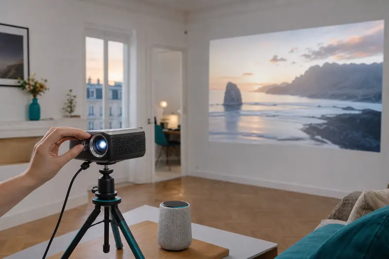 Vidéoprojecteur portable installé sur trépied dans un salon lumineux.