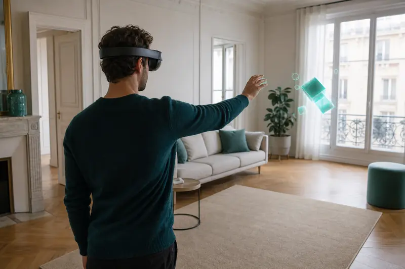 Joueur équipé d’un casque de réalité augmentée dans un salon dégagé