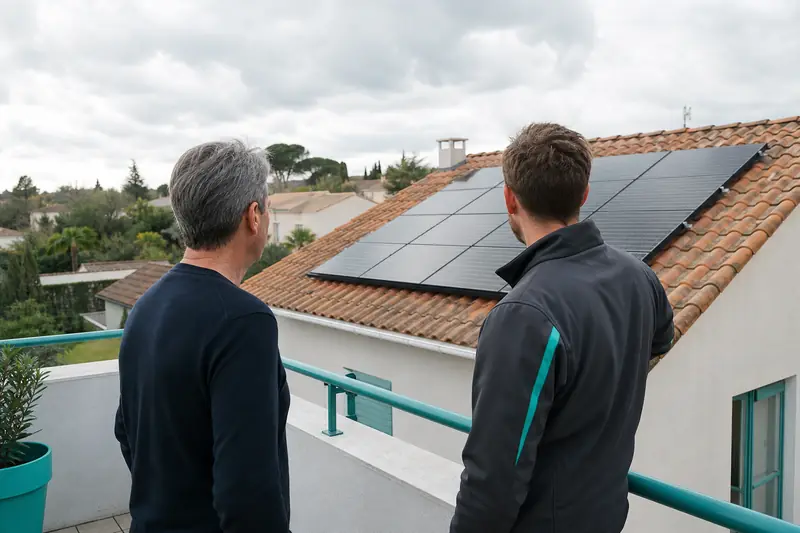 Inspection de panneaux solaires sur toiture résidentielle française au soleil