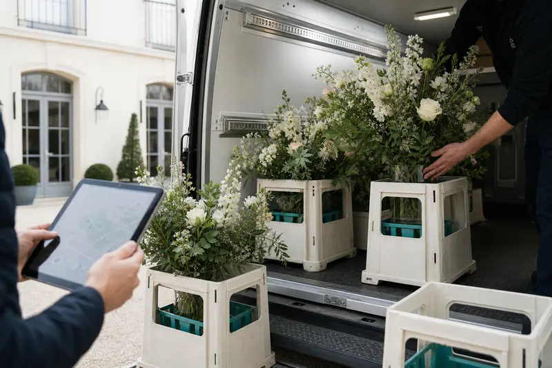 Préparation d’une livraison de fleurs pour un événement dans un véhicule aménagé