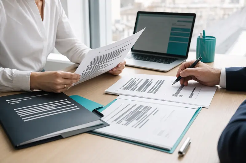Documents de traduction juridique examinés par deux professionnels dans un bureau lumineux.