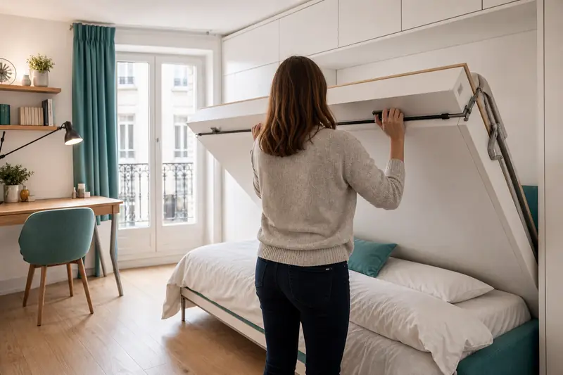 Lit escamotable ouvert dans un studio lumineux avec espace bureau dégagé