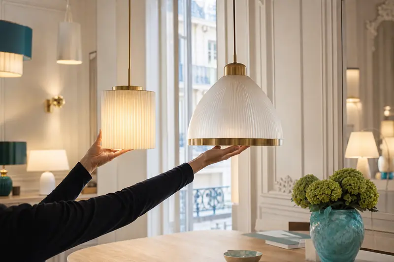 Comparaison de suspensions dans un magasin de luminaires à Paris.