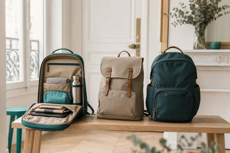 Comparatif de sacs à dos urbain, voyage et randonnée sur un banc lumineux