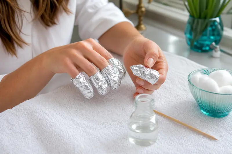 Dépose douce de vernis semi-permanent avec papillotes en aluminium sur les ongles.