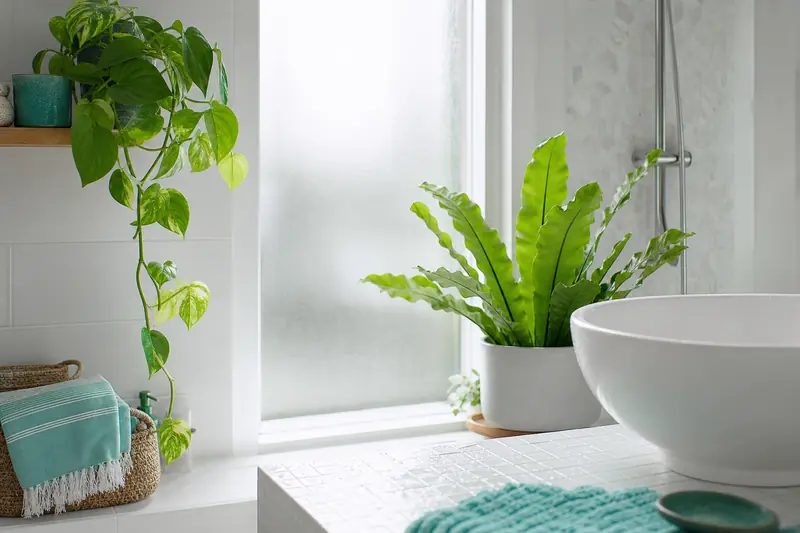 Plantes d’intérieur tropicales sur étagère dans une salle de bain lumineuse et humide