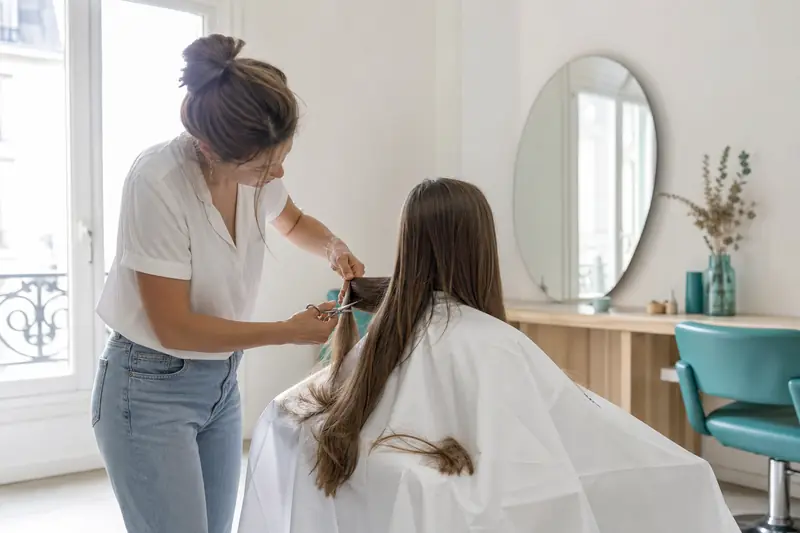 Coiffeuse réalisant une coupe intégrale courte dans un salon lumineux.