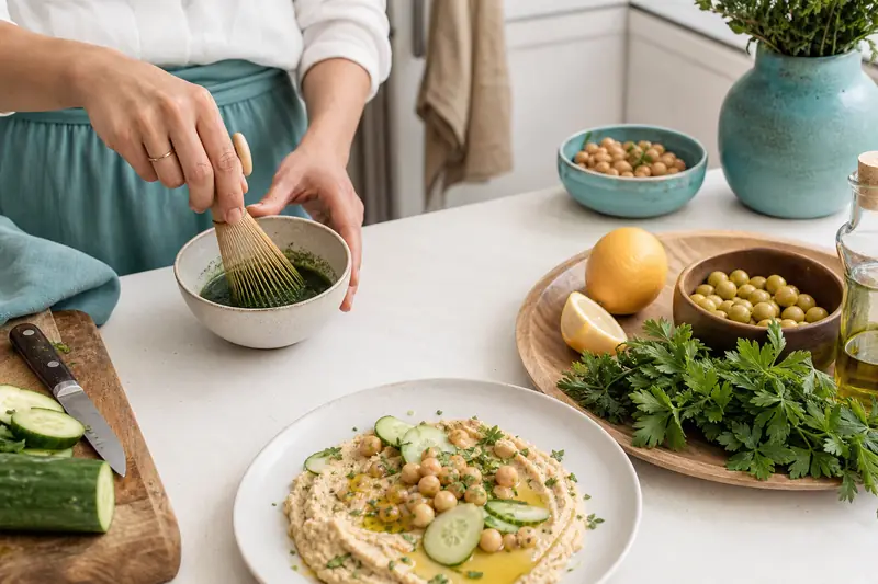 Cuisine avec des algues d’eau douce, spiruline délayée pour une sauce verte fraîche