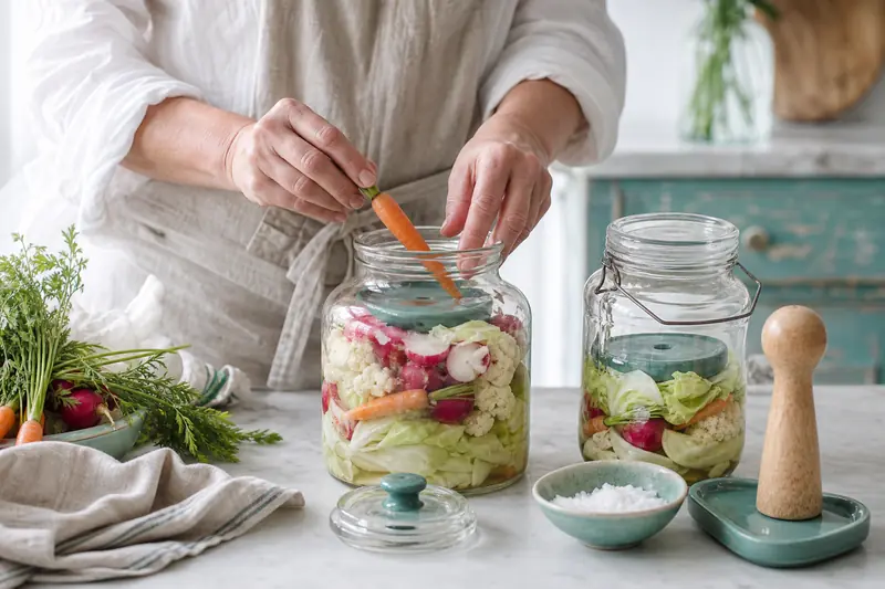 Bocaux de légumes du potager en fermentation sur un plan de travail