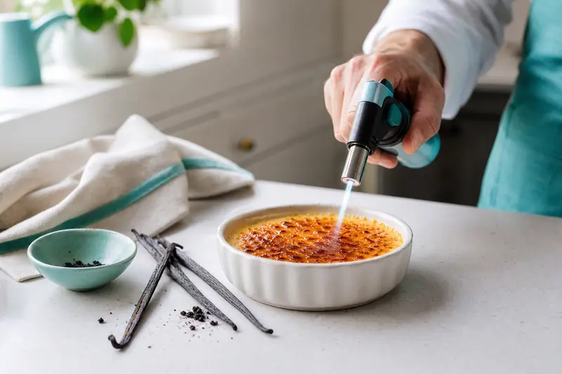 Crème brûlée à la vanille de Madagascar caramélisée au chalumeau dans un ramequin.