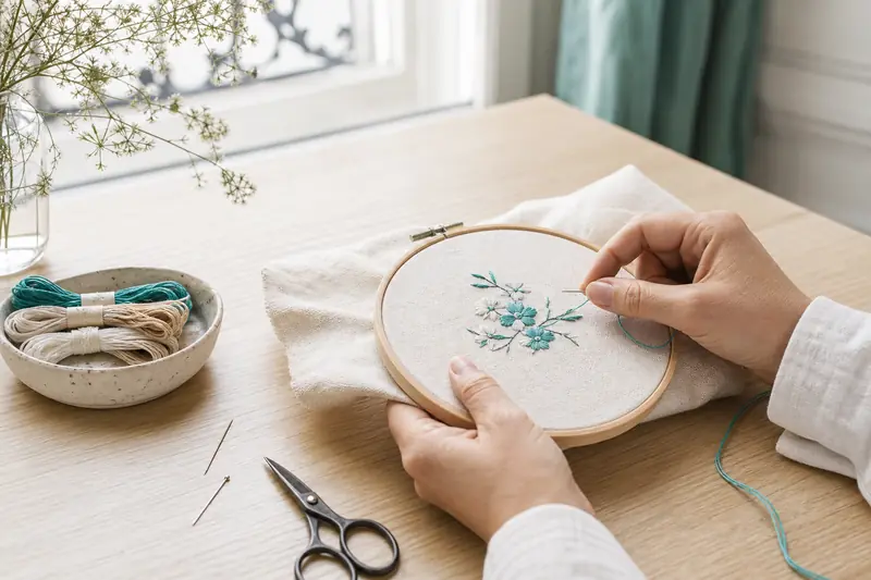 Mains brodant un motif floral de broderie créative sur un tambour en bois.