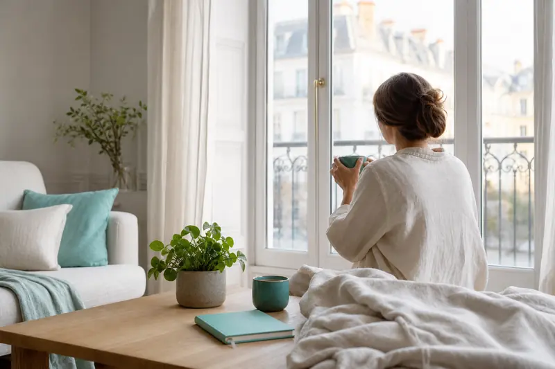 Personne au calme près d’une fenêtre pour gérer le stress et le bien-être