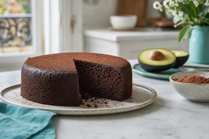 Part de gâteau au chocolat moelleux à l’avocat sur une assiette en céramique.