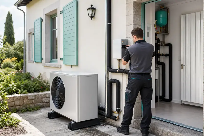 Pompe à chaleur installée près d’une maison rénovée avec radiateur basse température
