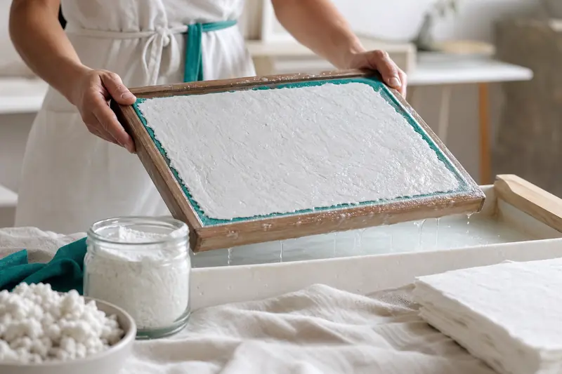 Fabrication artisanale de papier de pierre avec pulpe recyclée et poudre minérale