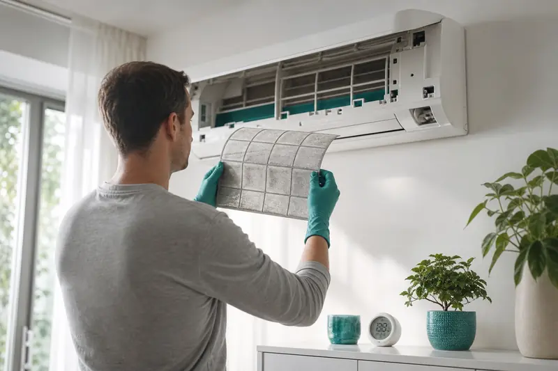 Nettoyage du filtre d’une thermopompe murale dans un salon lumineux