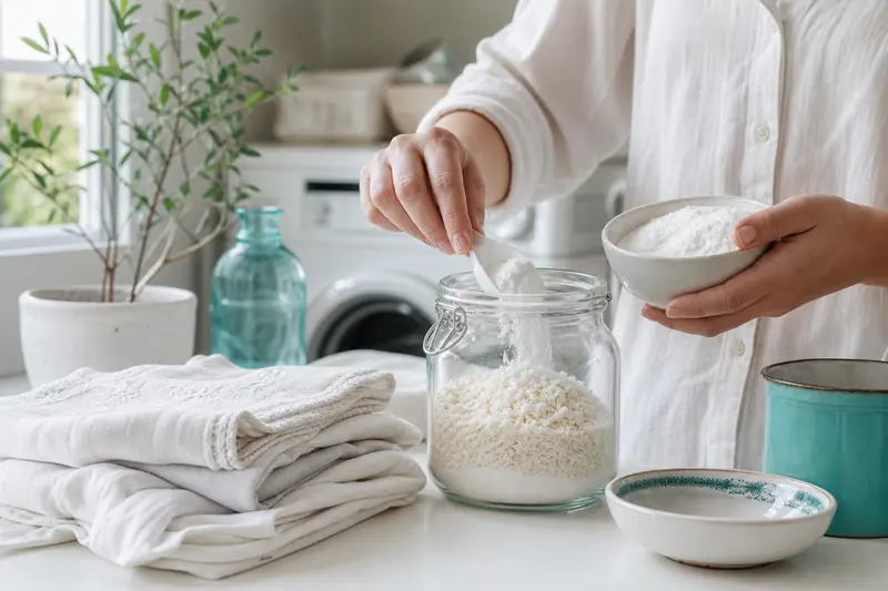 Préparation de lessive maison avec copeaux de savon et cristaux de soude
