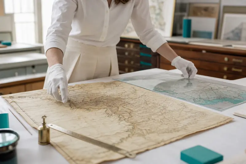 Comparaison d’une carte ancienne et d’un relevé géographique moderne en bibliothèque.