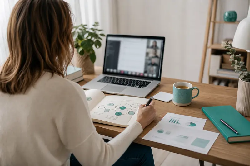 Bilan de compétences en ligne sur ordinateur dans un bureau lumineux