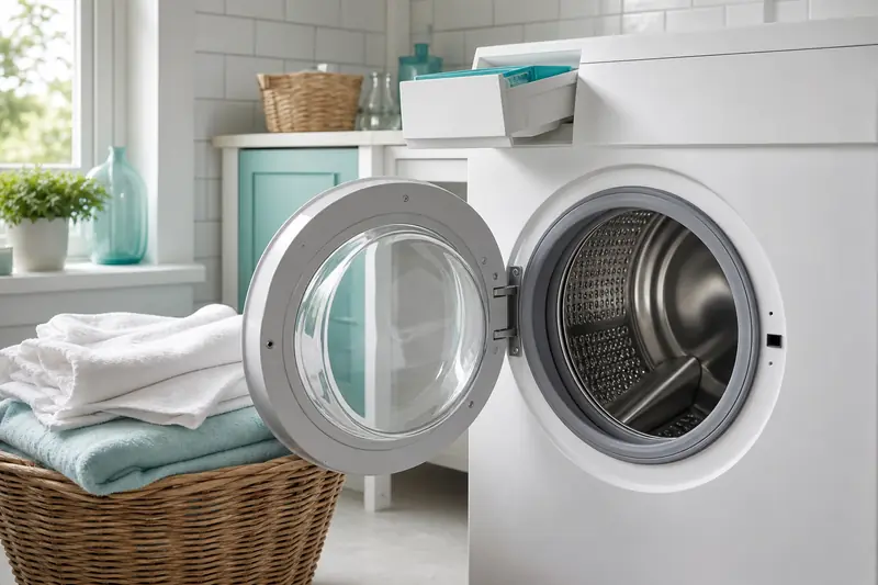 Linge propre sorti d'un lave-linge à hublot ouvert dans une buanderie lumineuse