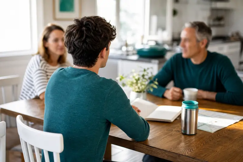 Étudiant en séjour linguistique aux États-Unis échangeant avec une famille d’accueil.