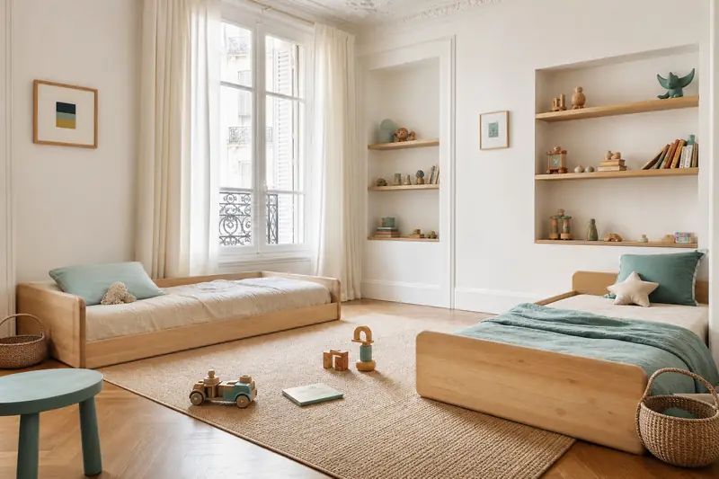 Deux lits Montessori disposés dans une chambre lumineuse pour jumeaux.