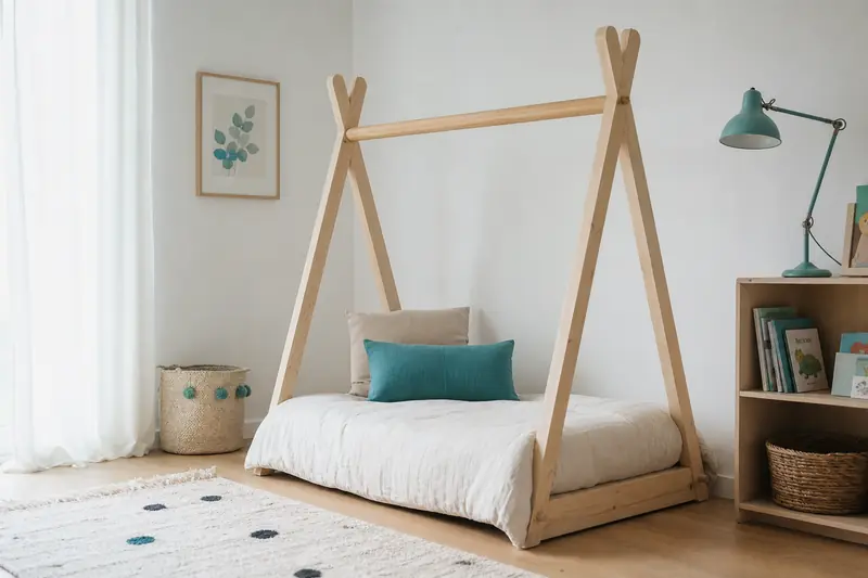 Lit tipi en bois clair dans une chambre enfant à décoration nature zen.