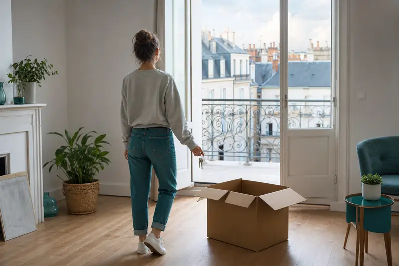 Visite d’un premier appartement en location à Nantes, clés posées près d’un carton.