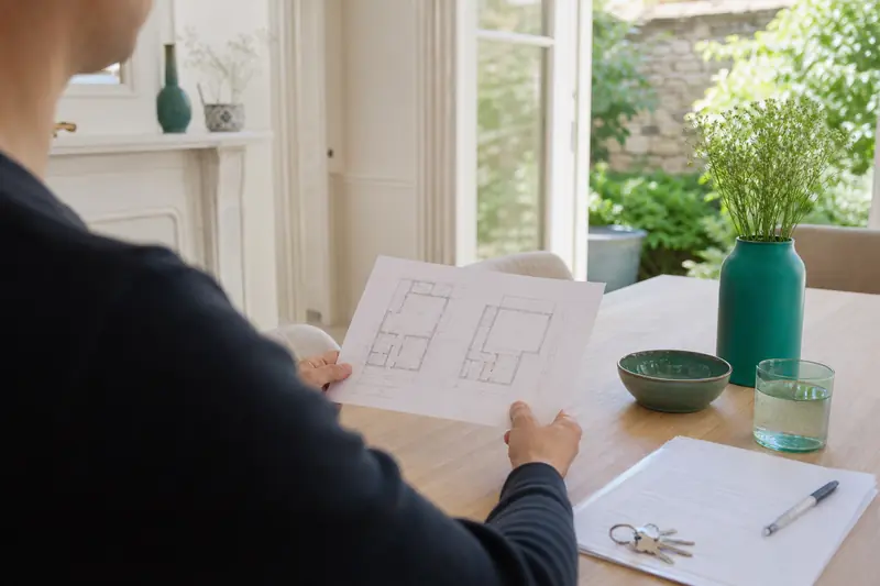 Locataire comparant des documents pour une location de maison à Nantes près d’un jardin.
