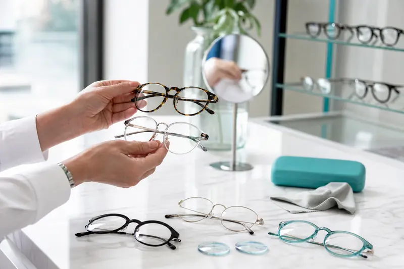 Sélection de lunettes et montures sur une table d’opticien lumineux