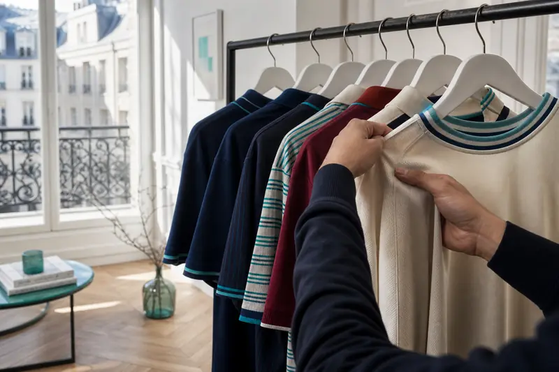 Sélection de maillots de foot modernes sur un portant lumineux.