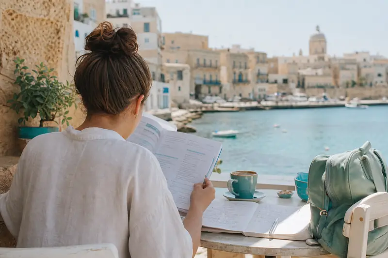 Étudiante préparant un séjour linguistique en anglais à Malte face au port.