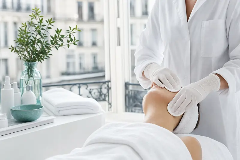 Soin facial moderne réalisé en institut sur une peau à tendance acnéique.