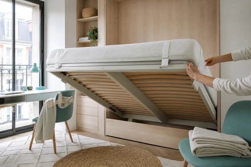 Matelas fin installé sur un lit escamotable ouvert dans un petit appartement.