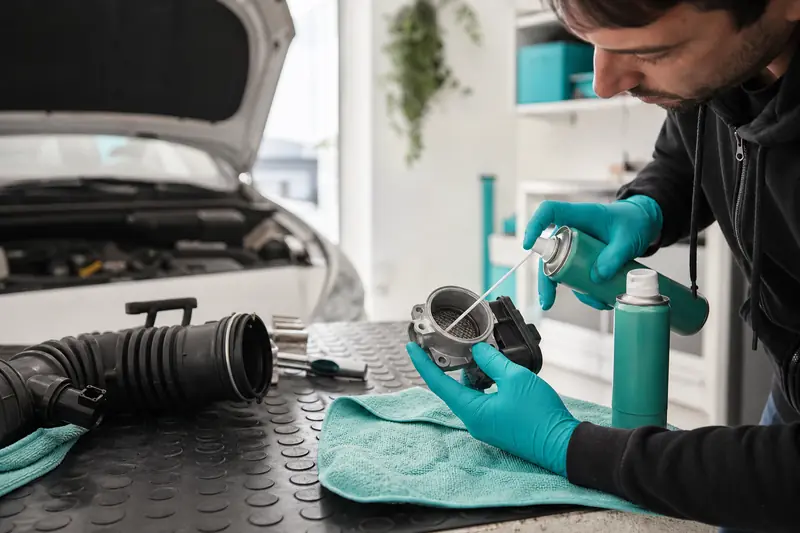 Nettoyage d’un débitmètre d’air démonté près du moteur d’une voiture