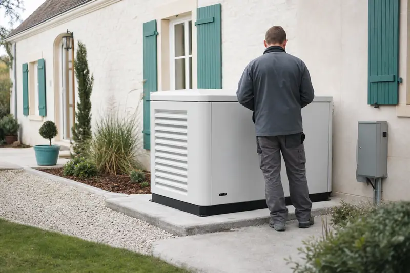 Génératrice résidentielle automatique installée dehors près d’une maison, avec dégagements de sécurité
