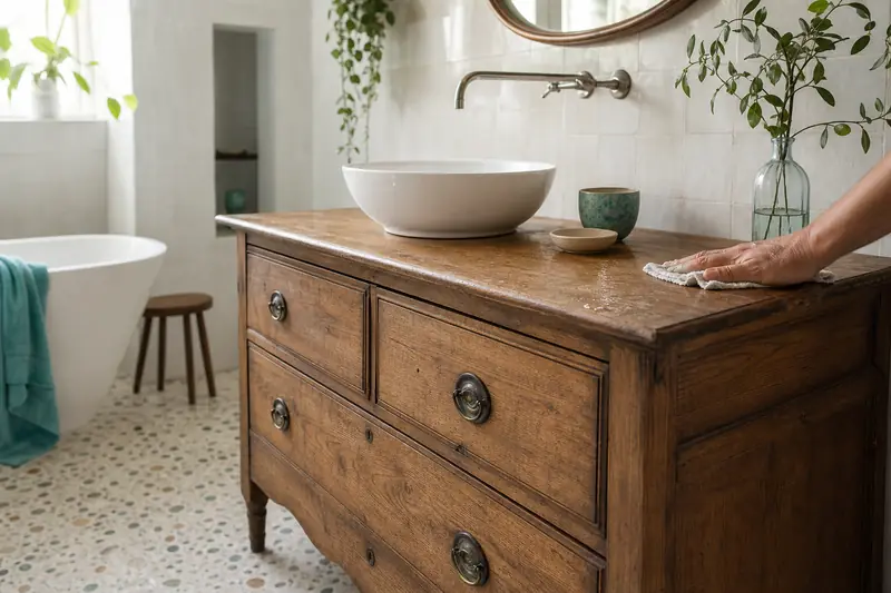 Meuble sous vasque en bois vintage dans une salle de bains lumineuse