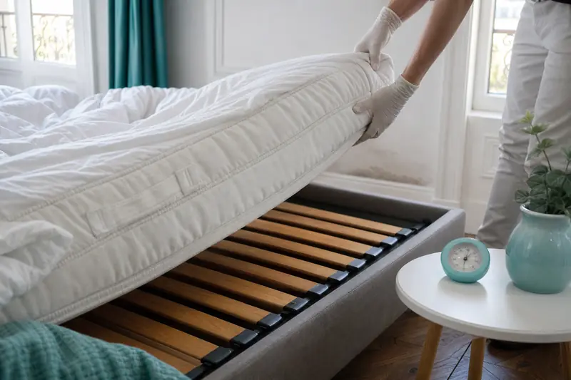 Inspection d’un matelas moisi au-dessus d’un sommier à lattes ventilé